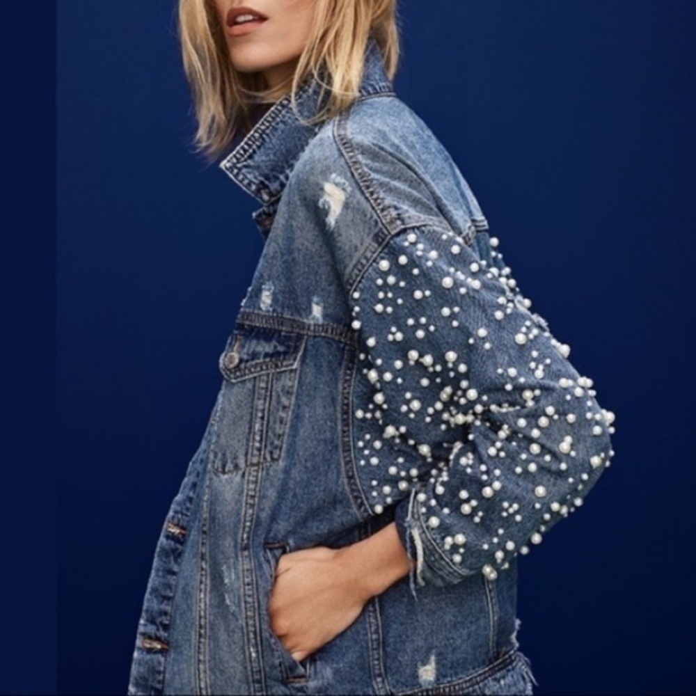 NEW Sunset & Spring Distressed Jean Jacket Oversized Pearl Embellished Denim XS - Picture 12 of 16